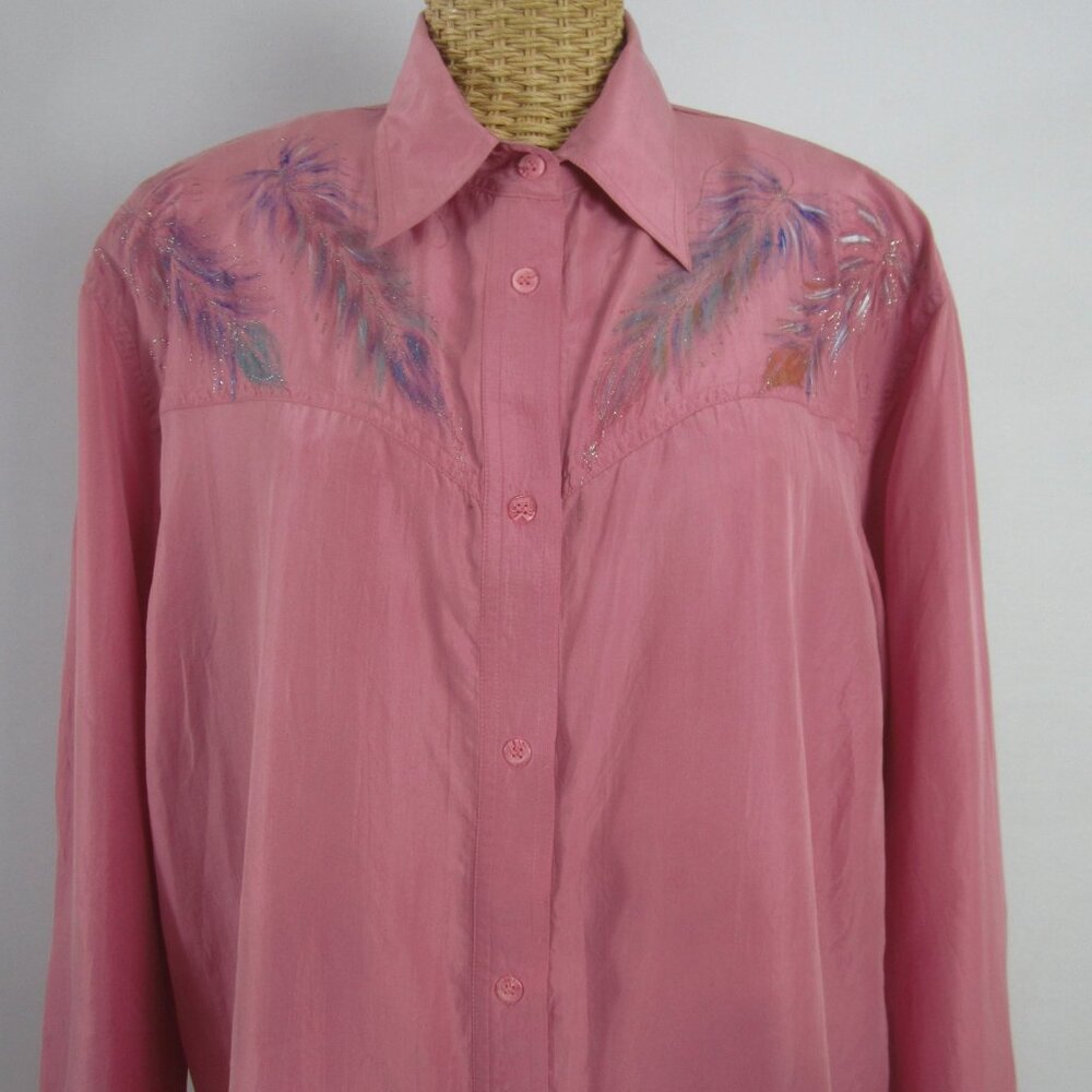 Vtg Wanted Women M Mauve Pink Painted Metallic LS Silk Western Cowboy Shirt - Picture 8 of 14